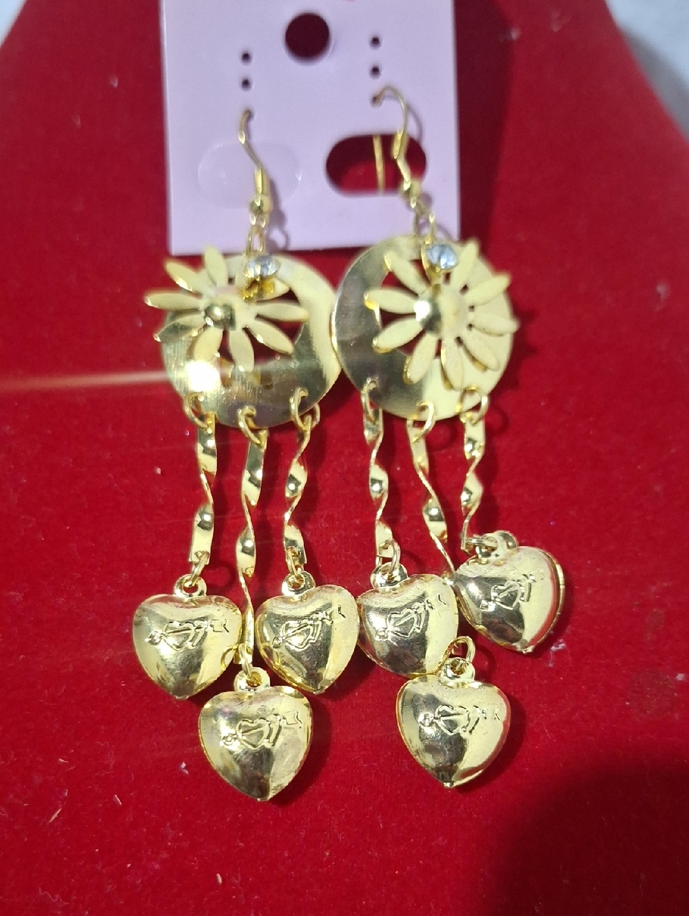 Gold Heart Dangle Earrings with Floral Discs - Women Jewelry